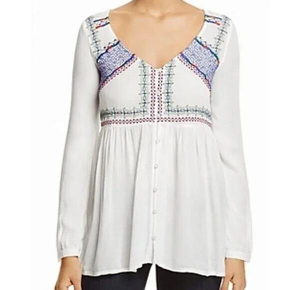 JACHS GIRLFRIEND White Peasant Blue Embroider Bodice V-neck Long Sleeve Top XS - Picture 1 of 13